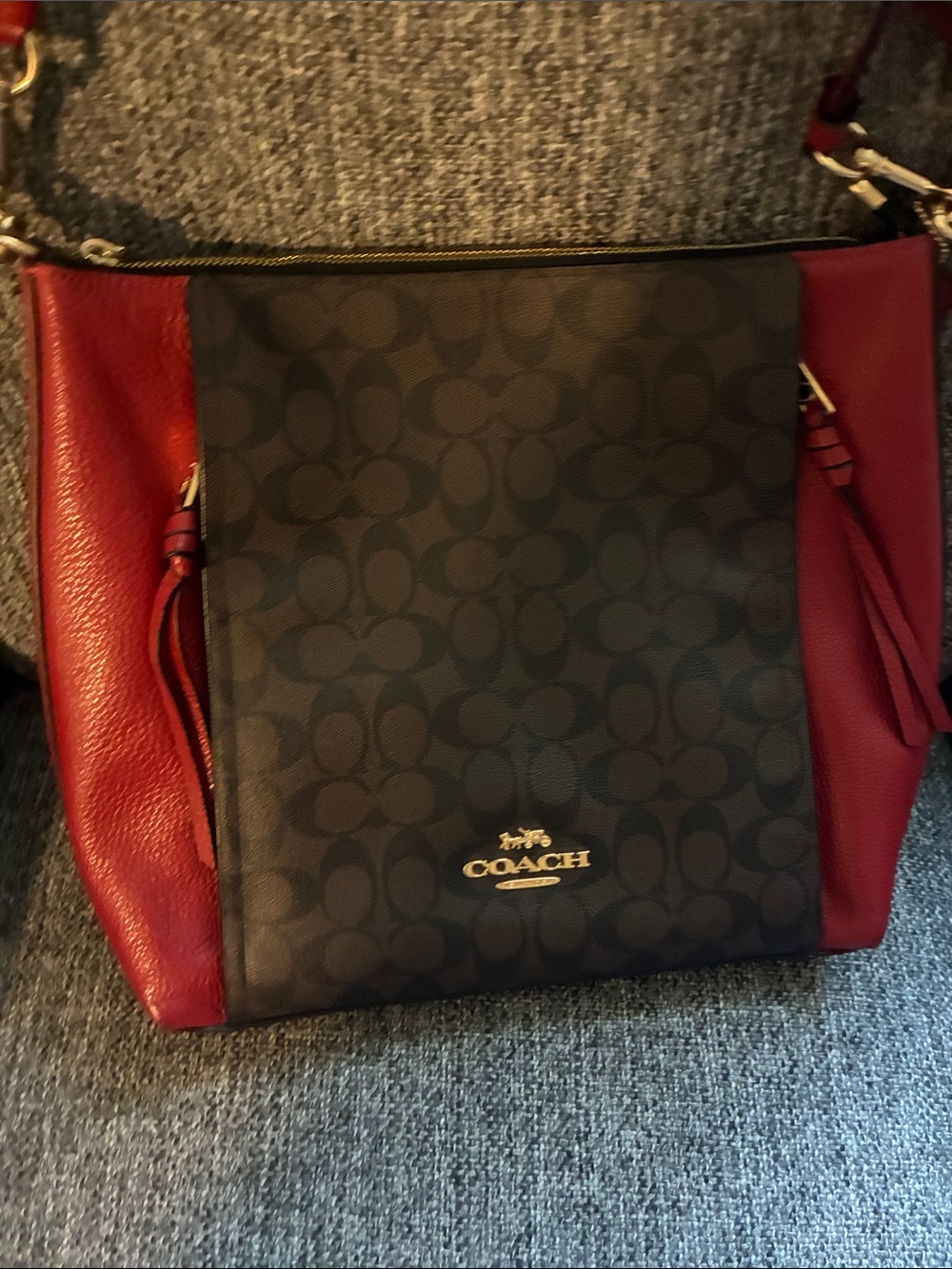 Coach Black Signature Canvas Crossbody with Red Leather Trim